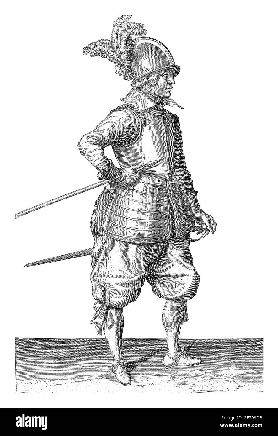 Soldat portant sa brochette avec sa main droite sur son côté droit, pointait un angle vers le haut et près de sa gravure d'époque de Belly. Banque D'Images