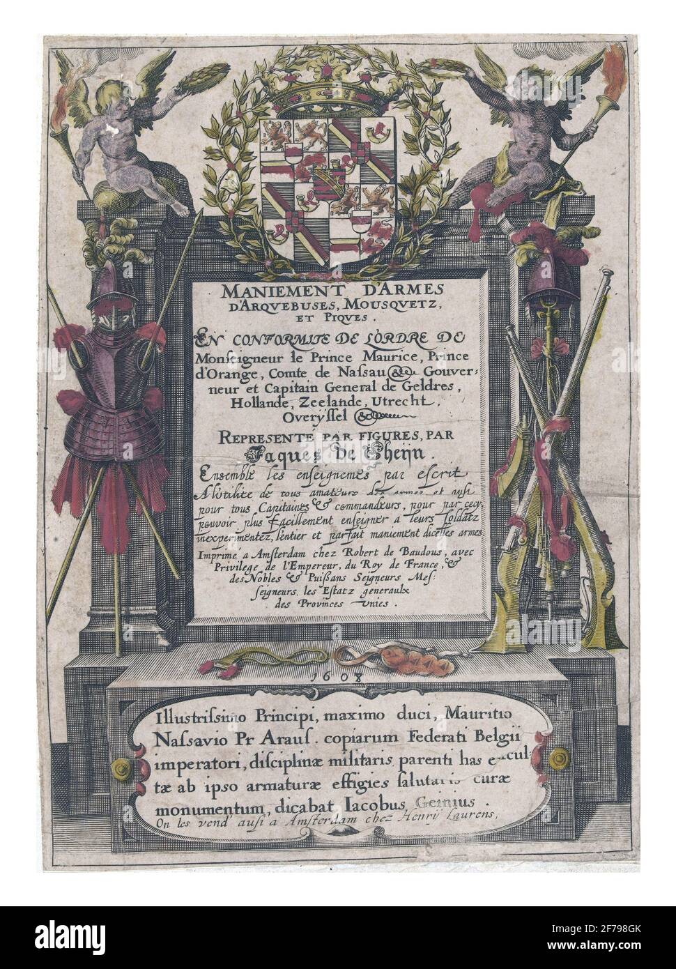 Page de titre pour une édition française de Jacob de Gheyns Wapenactiehe van Roers Musquetten, gravure ancienne. Banque D'Images