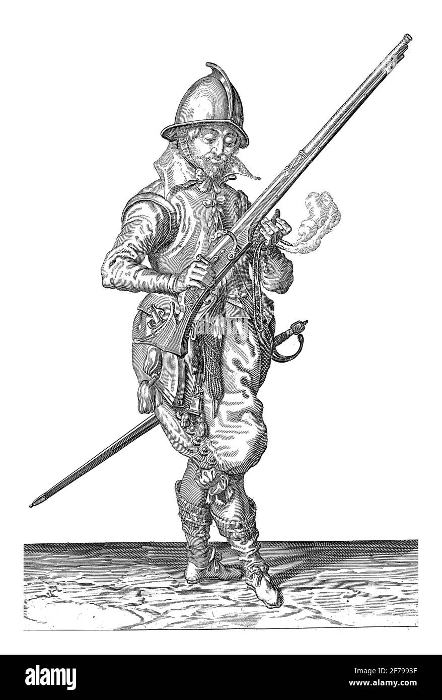 Gardien Soldat tenant son Rudder avec sa main droite inclinée vers le haut, tombant le Barrel dans sa main gauche, gravure vintage. Banque D'Images