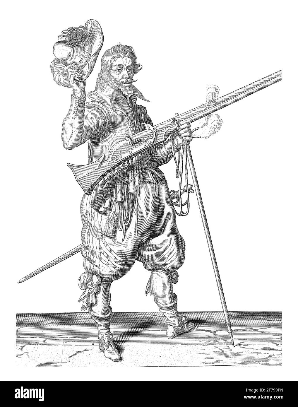 Gardien Soldat tenant son Musket avec sa main gauche à un angle levé à droite tout en prenant son chapeau avec sa main droite, gravure vintage. Banque D'Images