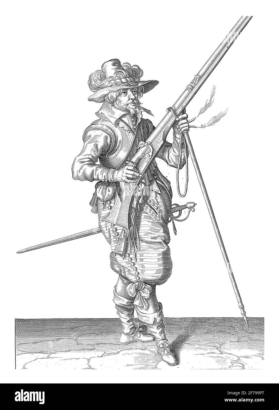 Gardien Soldat tenant son Musket avec sa main droite inclinée vers le haut, plaçant le Barrel avec sa main gauche sur son Furket, gravure vintage. Banque D'Images