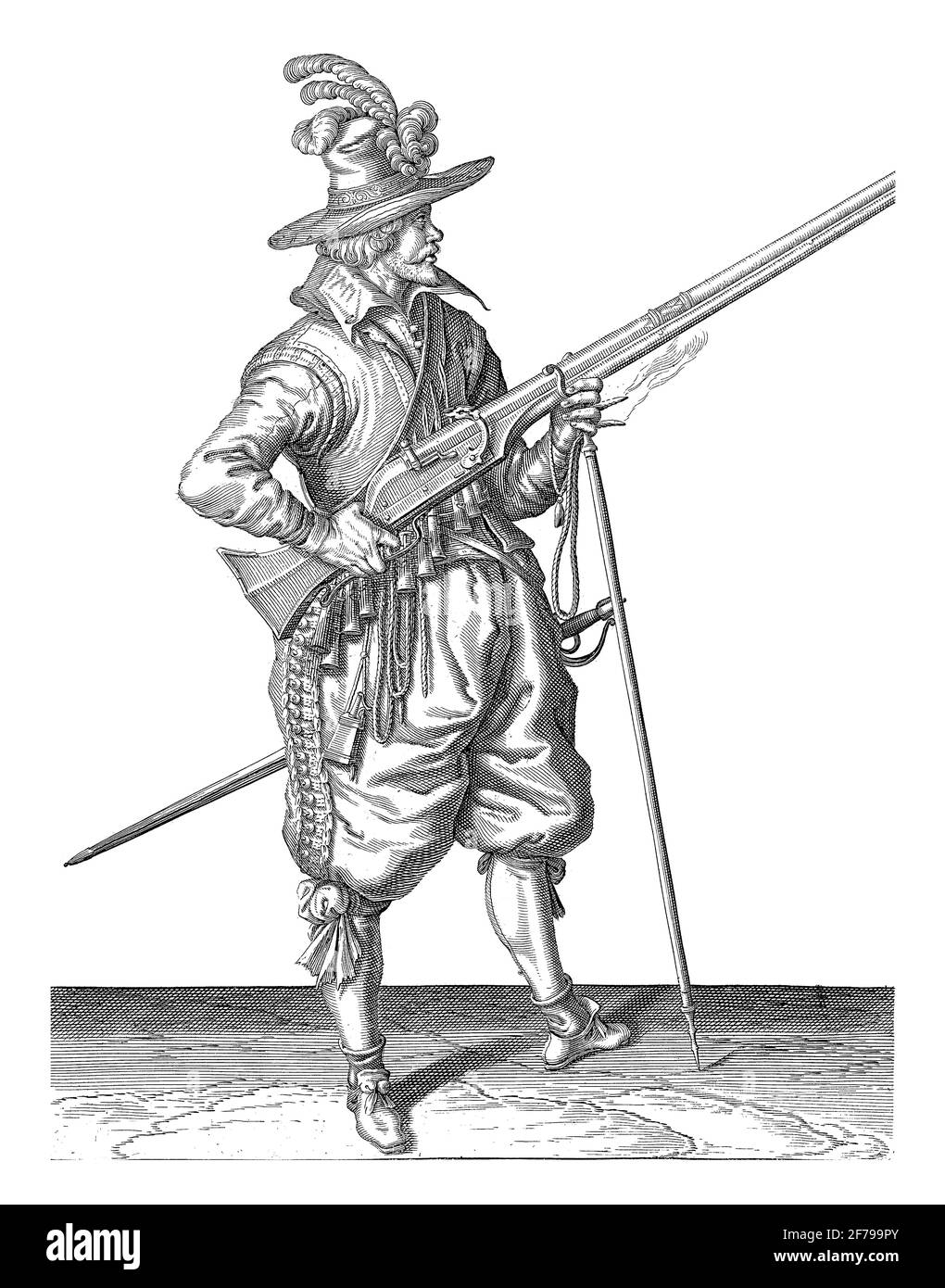 Gardien Soldat tenant son Musket à un angle droit, doigt sur la gâchette, gravure vintage. Banque D'Images