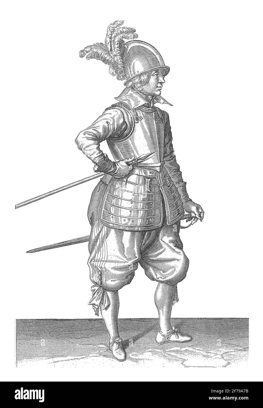 Soldat portant sa brochette avec sa main droite sur son côté droit, pointait un angle vers le haut et près de sa gravure d'époque de Belly. Banque D'Images