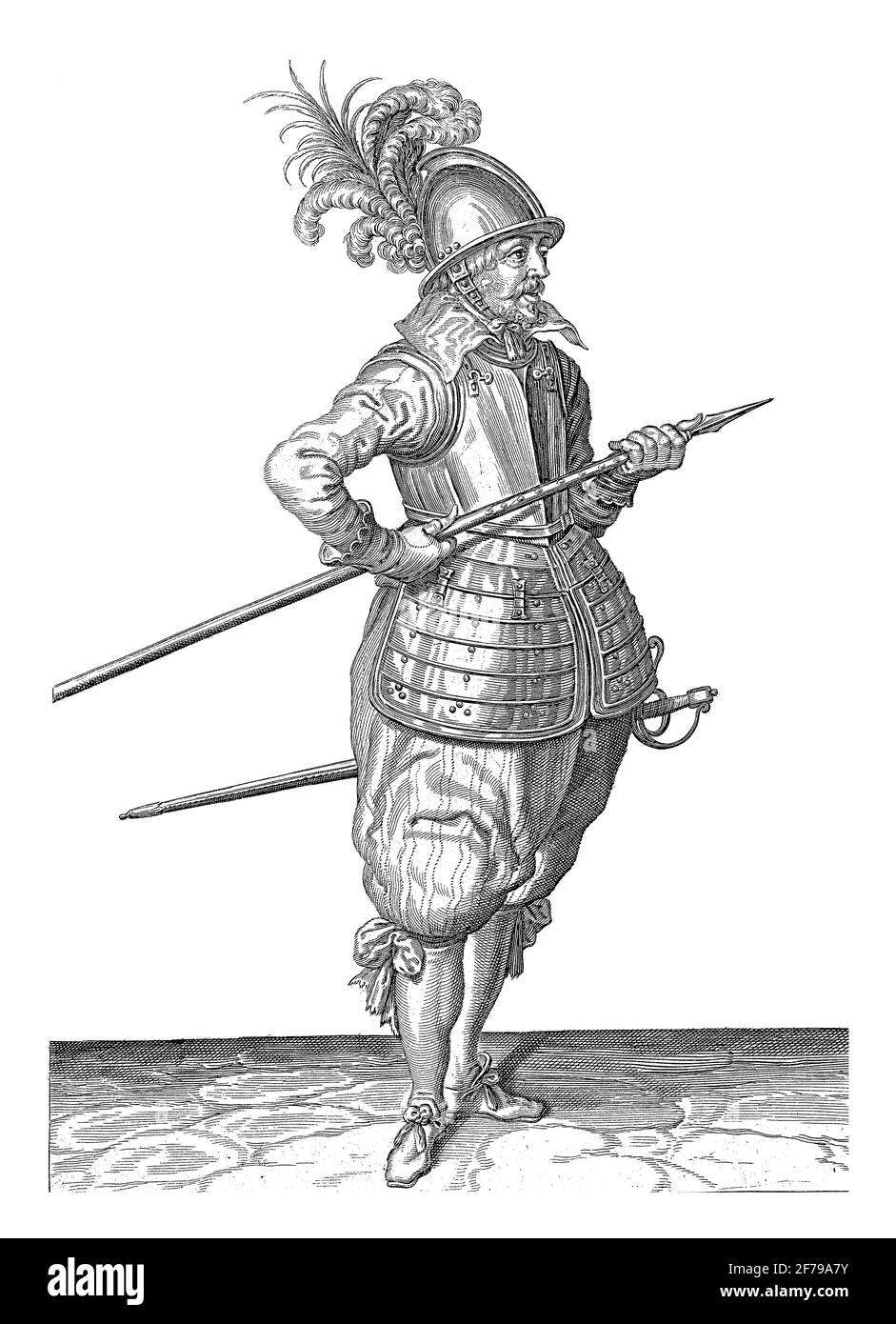 Soldat portant sa brochette avec sa main droite avec les deux mains pointant la pointe à un angle et près de son belly, gravure vintage. Banque D'Images