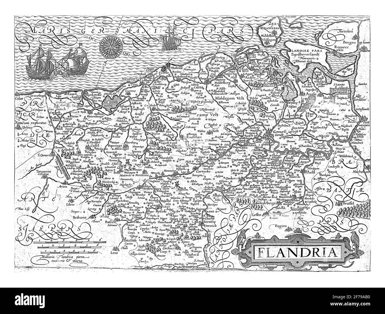 Carte de Flandre, c. 1600, Pieter van der Keere, 1580 - 1604 carte de Flandre, avec inscriptions et titre en cartouche en latin, gravure vintage. Banque D'Images