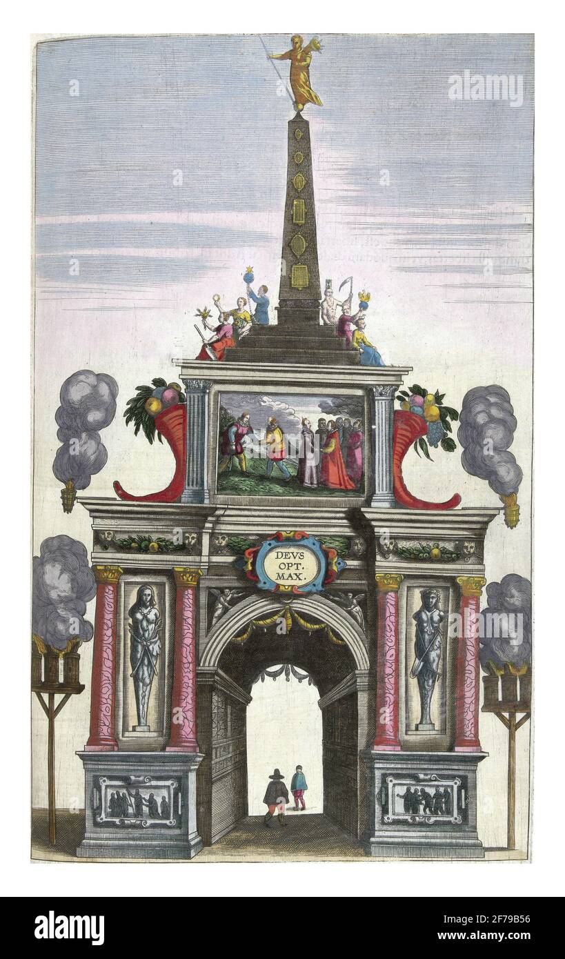 Porte triomphale du Centenaire, décembre 1599, gravure ancienne. Banque D'Images