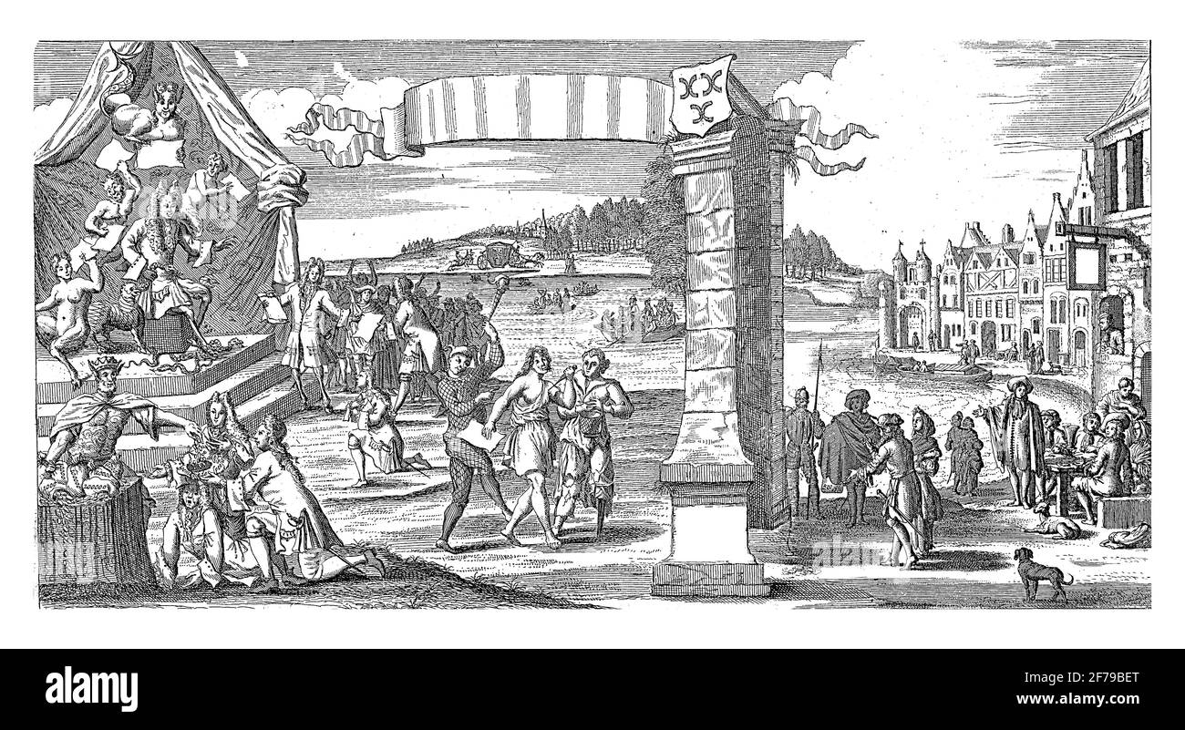 Le poste de péage de Vianen pour les Actionistes, 1720, gravure ancienne. Banque D'Images