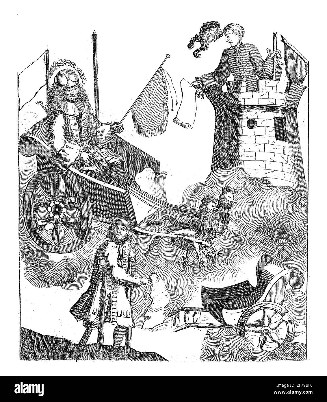 John Law, l'inventeur du vent négocie, dans son winecar, 1720, gravure vintage. Banque D'Images