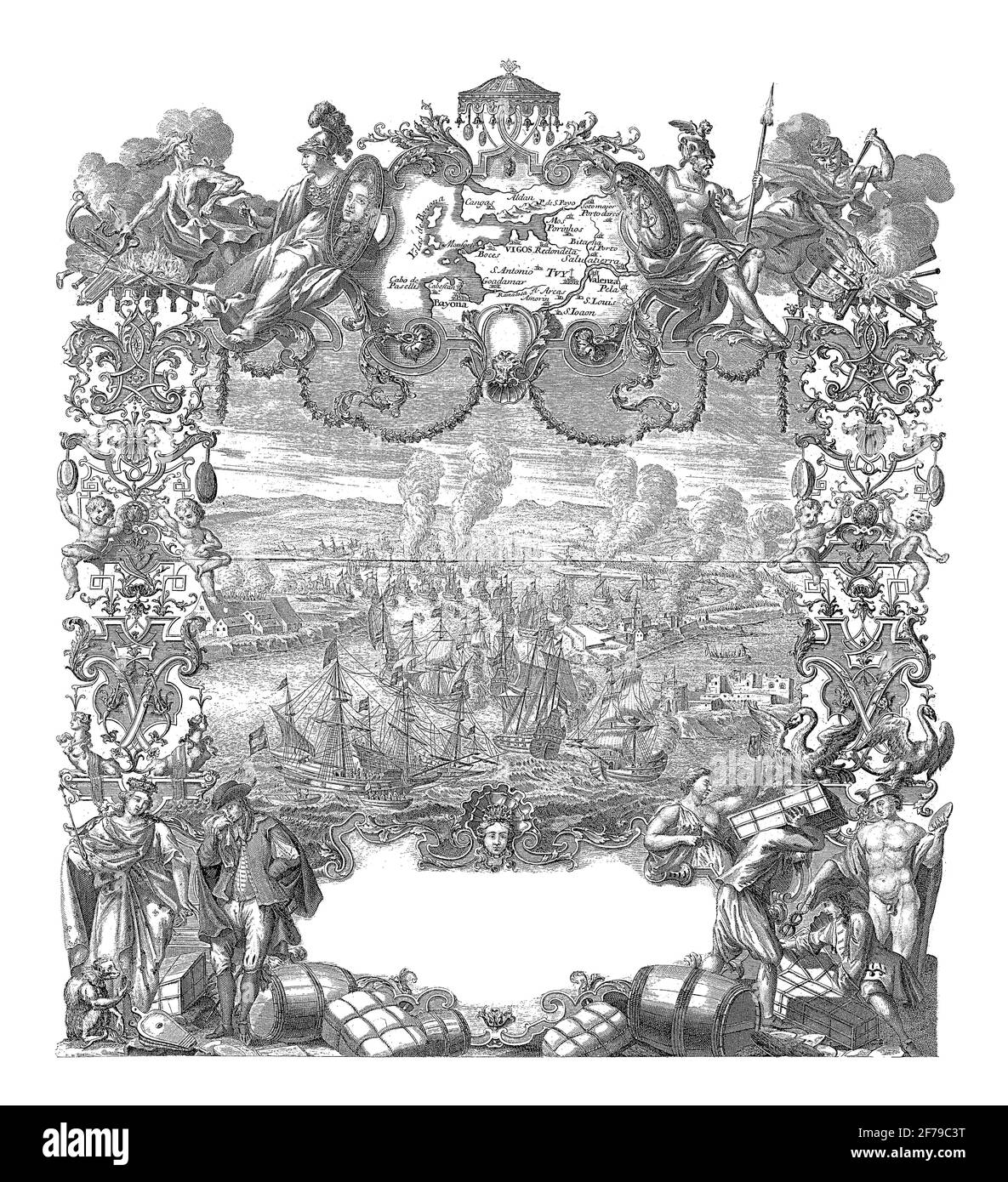 Bataille de la Baie de Vigo, 1702, gravure ancienne. Banque D'Images