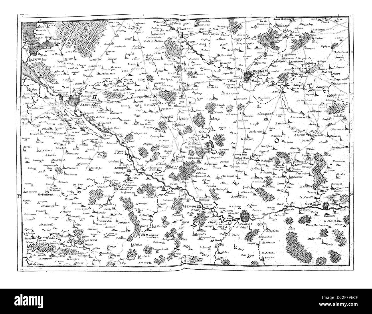 Carte du Nord de la France montrant le cours de la somme, gravure ancienne. Banque D'Images
