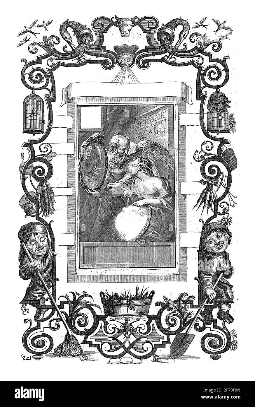 Titre imprimé pour la scène de folie, gravure vintage. Banque D'Images