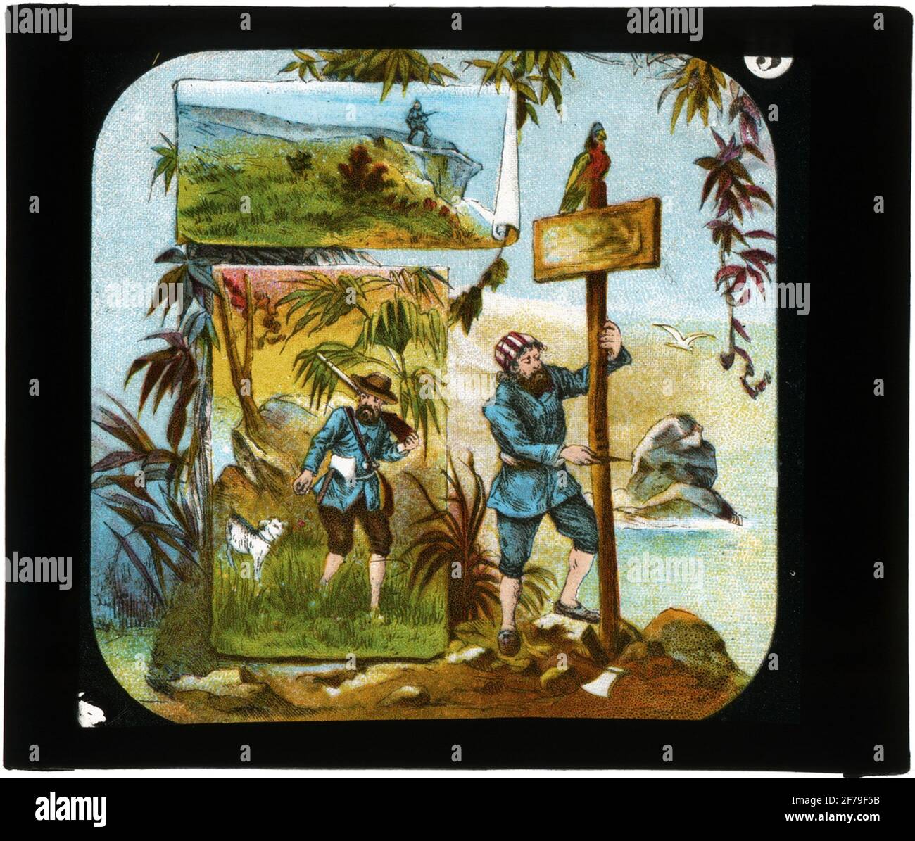 Image peinte sur le verre pour Skiat Icon / plus tard Magica. « Robinson Cruse » .3. Robinson fait un tas sur l'île, pour marquer la date dedans. Banque D'Images