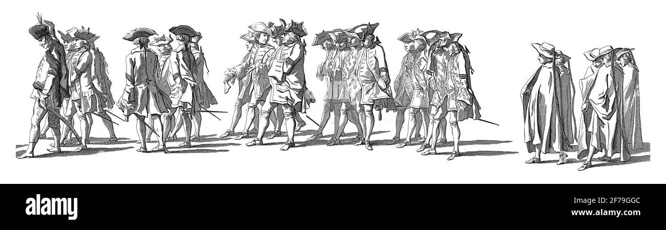 Officiers militaires et personnel de cuisine. Dans la marge la légende en néerlandais, français et anglais, gravure vintage. Banque D'Images