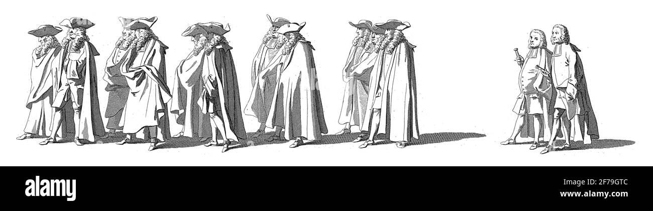 Membres du Conseil suprême des pays-Bas, de la Zélande et de la Frise occidentale. Dans la marge la légende en néerlandais, français et anglais, gravure vintage. Banque D'Images