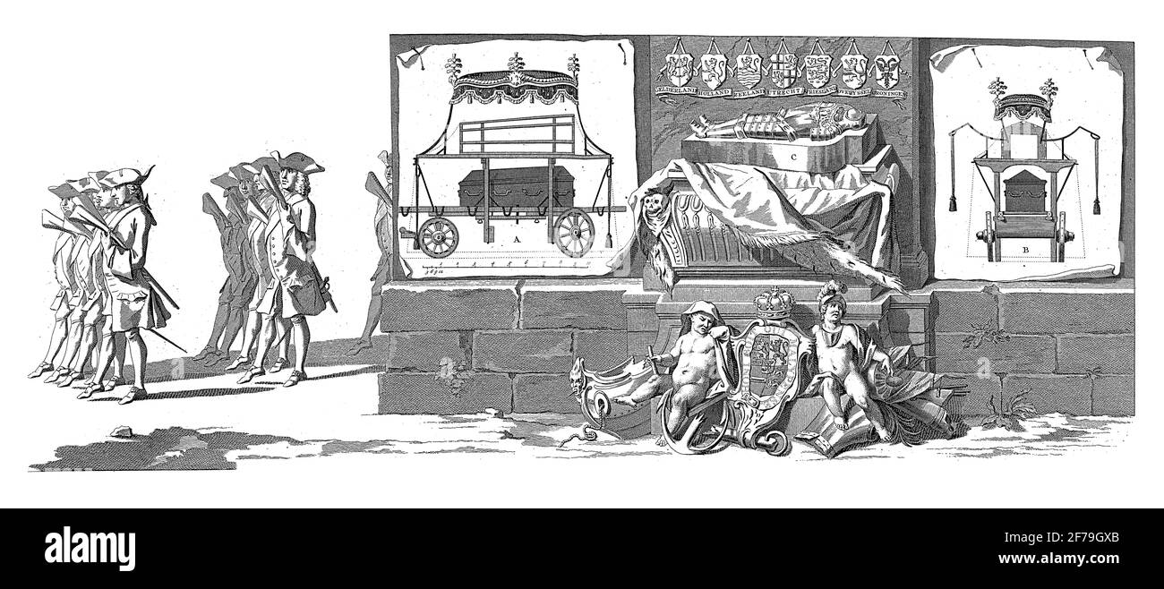 Feuilles sur le mur représentant le corbillard et le cercueil, en premier plan deux garçons en deuil avec le manteau de bras du porte-affiche, gravure vintage. Banque D'Images