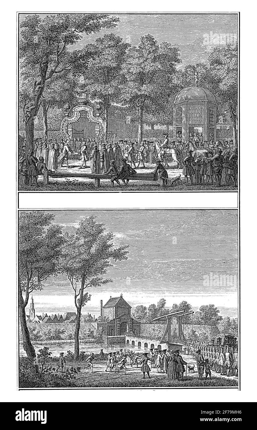 Deux représentations de l'arrivée à la ville et de l'offrande des clés de Willem IV, gravure ancienne. Banque D'Images