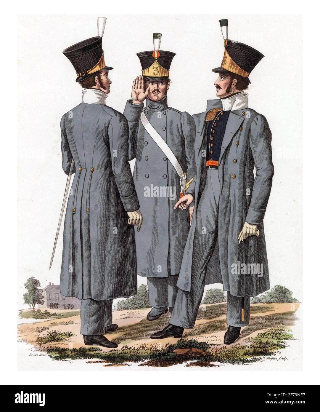 Deux officiers (de l'infanterie nationale), en uniforme avec le dessus-jupe, et le caporal, gravure vintage. Banque D'Images