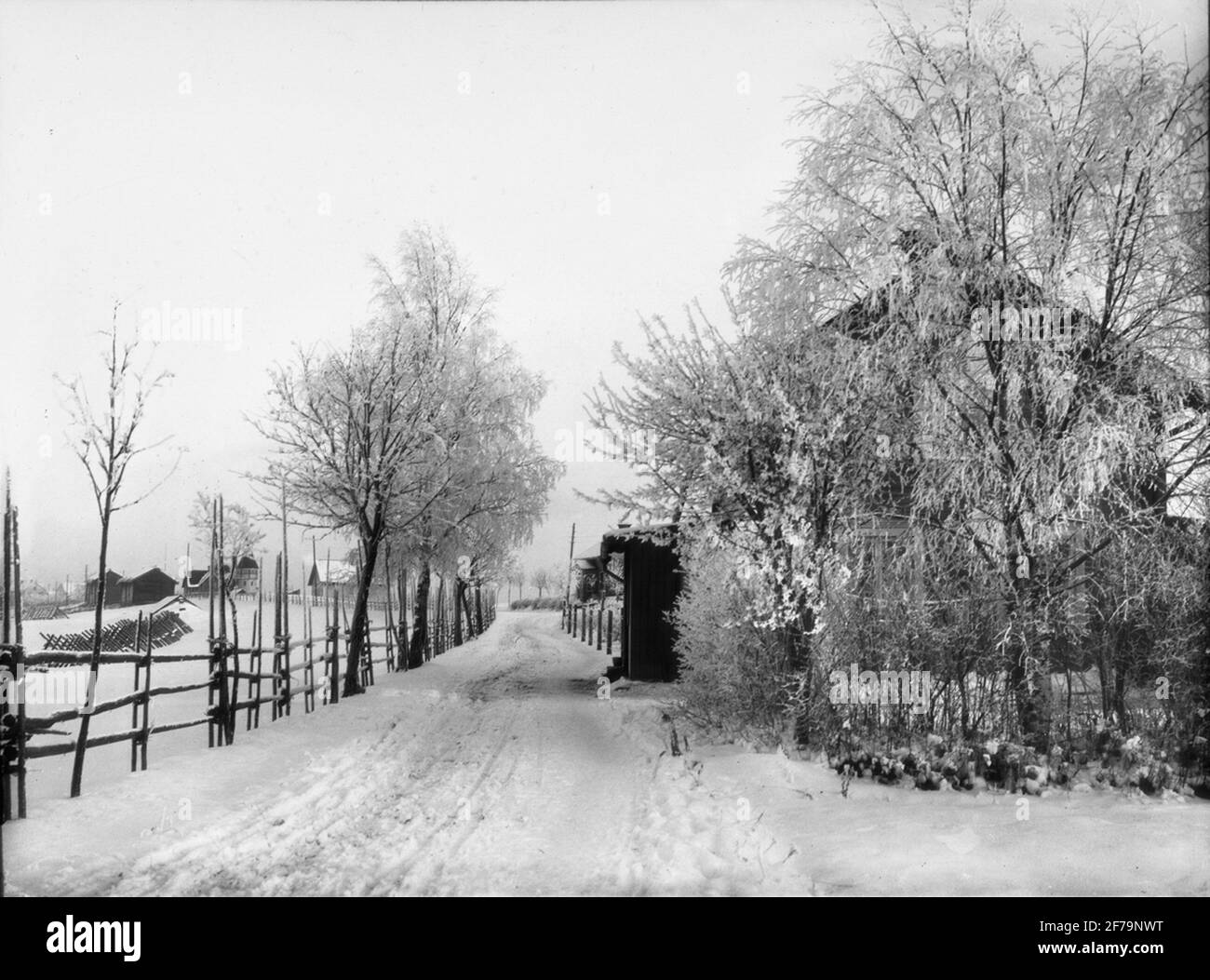 Dia affranchissement, image fenêtre de paysage d'hiver, route de campagne enneigée. Banque D'Images