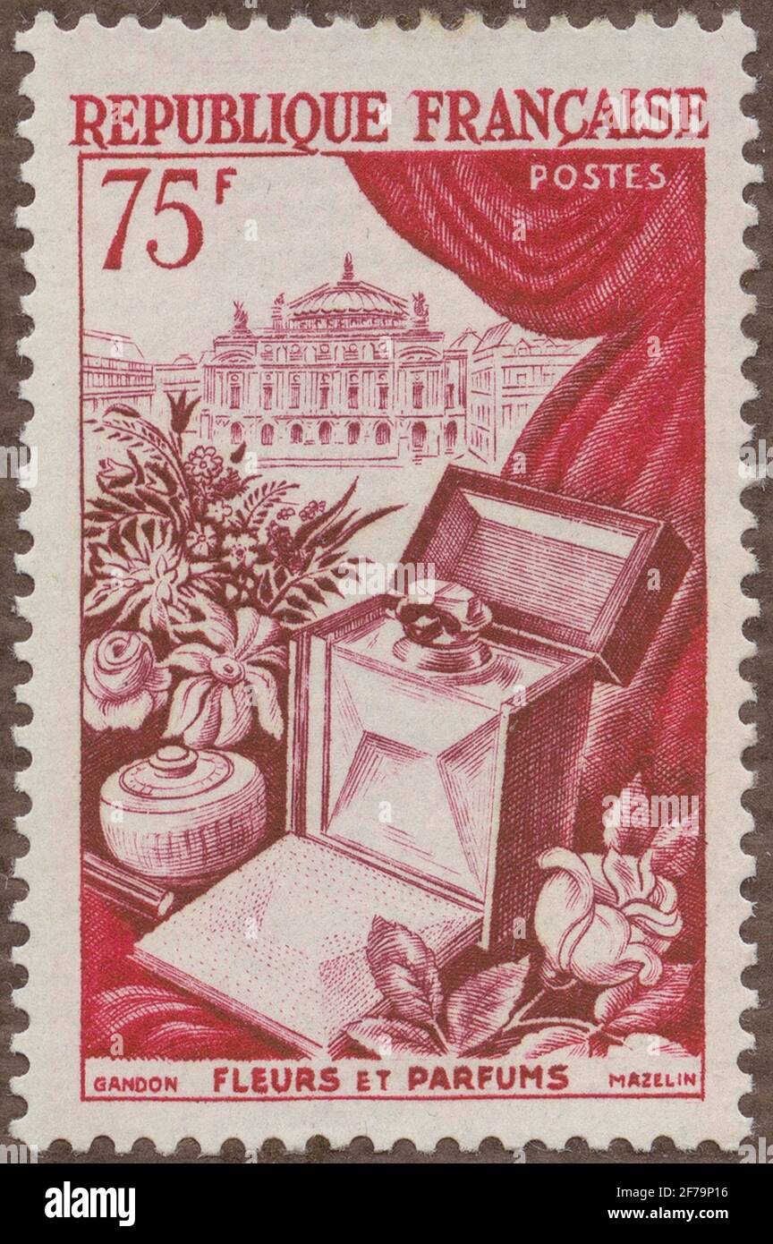 Timbre de l'Association philatéliste de Gösta Bodman, commencé en 1950.le timbre de France, 1954. Motifs de fleurs et parfums. 'Série : biens de luxe'. Banque D'Images