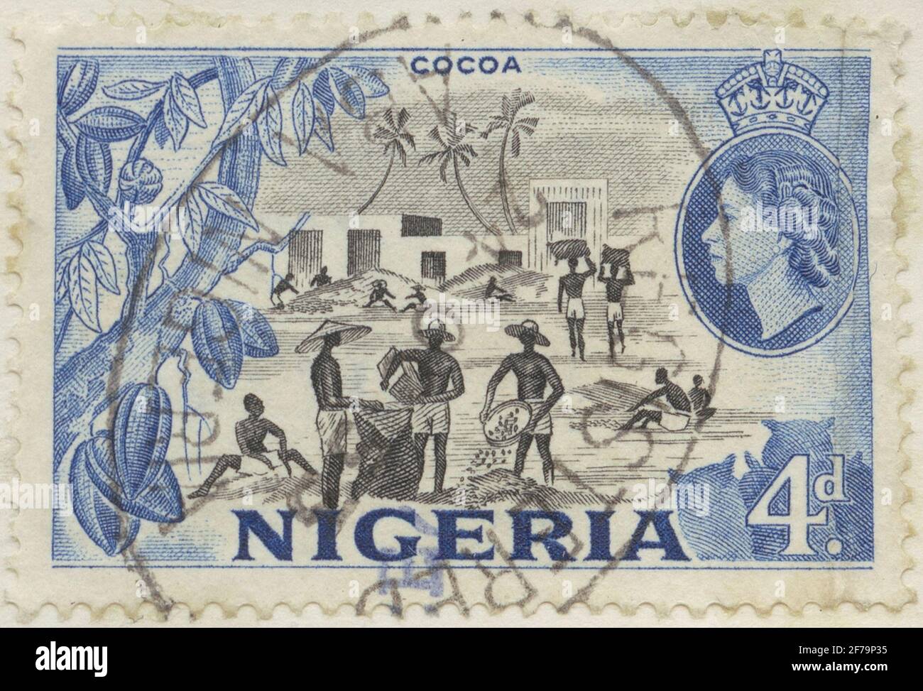 Timbre du poste de philatéliste de Gösta Bodman, commencé en 1950.le timbre du Nigeria, 1953. Motifs de la récolte de cacao. Banque D'Images