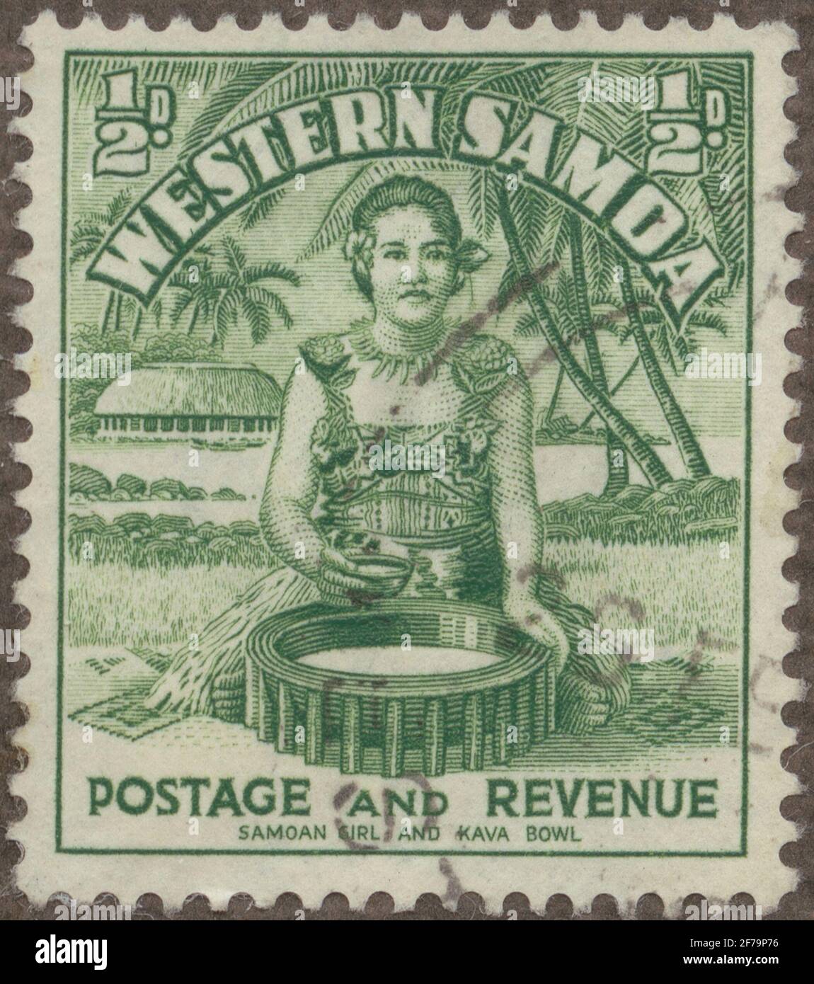 Timbre de l'Association des philatélistes de Gösta Bodman, commencé en 1950.le timbre de Samoa, 1935. Motifs de la préparation Kava-kava aux Samoa. Banque D'Images