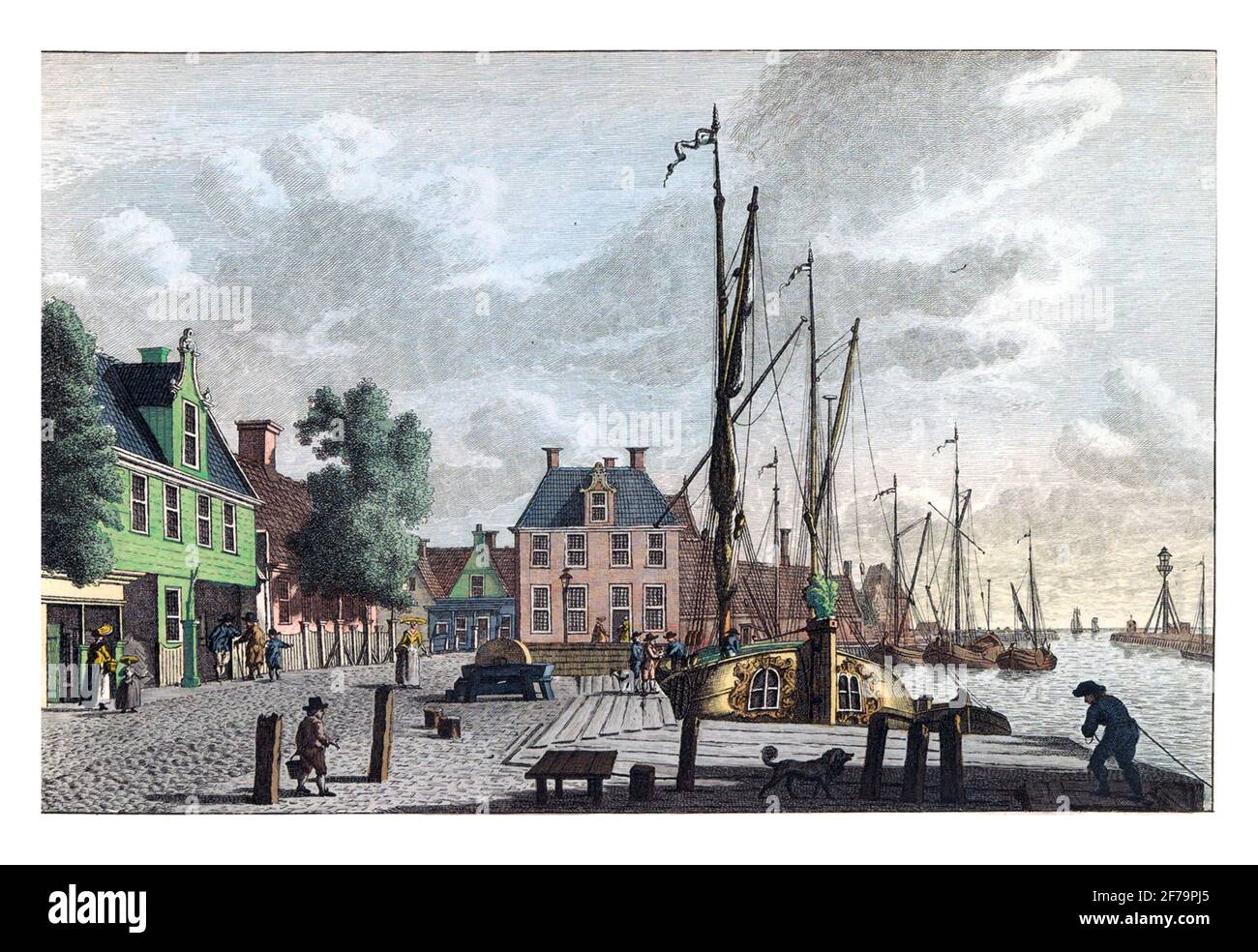 Vue sur le port de Lemmer, gravure ancienne. Banque D'Images