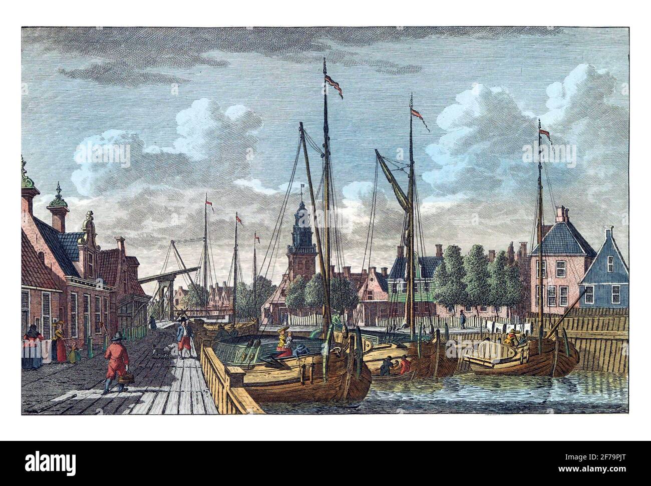 Vue sur le port de Lemmer, gravure ancienne. Banque D'Images