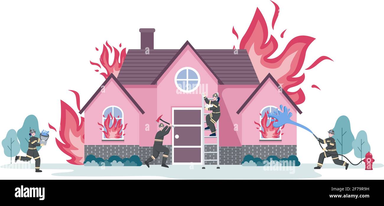 Pompiers avec des moteurs d'incendie de maison, aider les gens et les animaux, utilisant l'équipement de sauvetage dans diverses situations. Illustration vectorielle Illustration de Vecteur