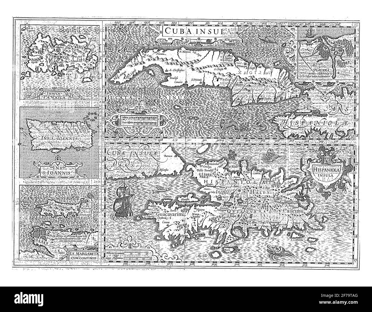 Carte de cinq îles des Caraïbes : Cuba, Haïti, Jamaïque, Porto Rico et Saint Margareta, gravure ancienne. Banque D'Images