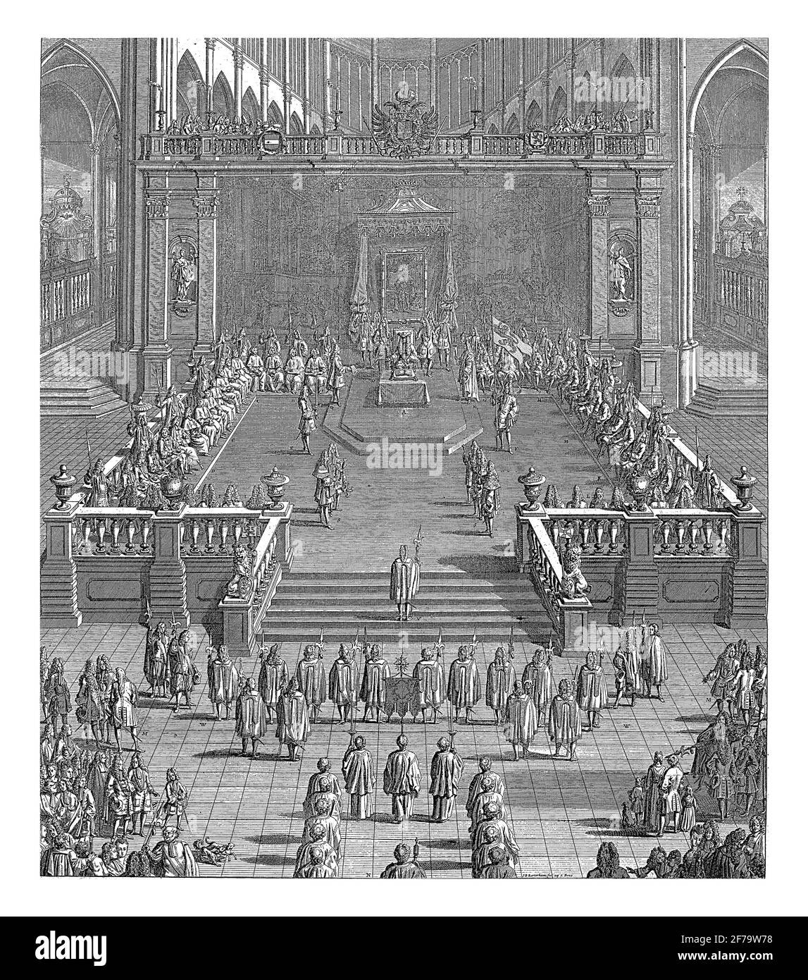 Cérémonie d'inauguration de l'empereur Charles VI en tant que comte de Flandre dans l'église Saint-Bavo à Gand le 18 octobre 1717, gravure ancienne. Banque D'Images