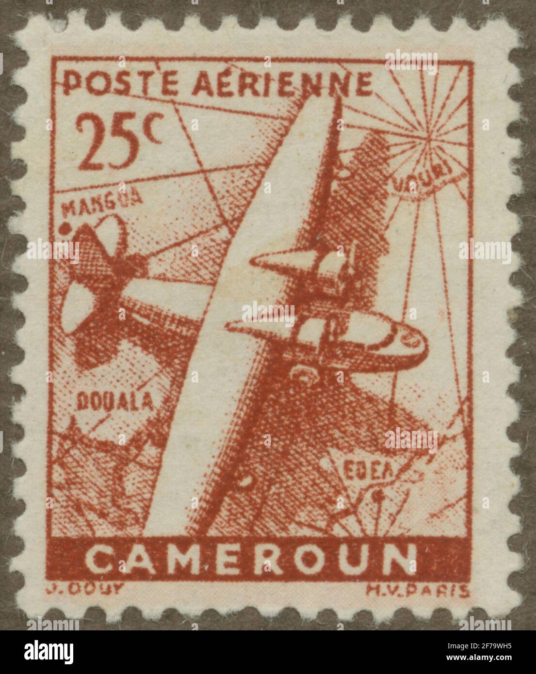 Timbre du poste de philatéliste de Gösta Bodman, commencé en 1950.le timbre de French Camerun, 1941. Carte de la carte de la carte de Camerun et des monopes à deux moteurs. Banque D'Images