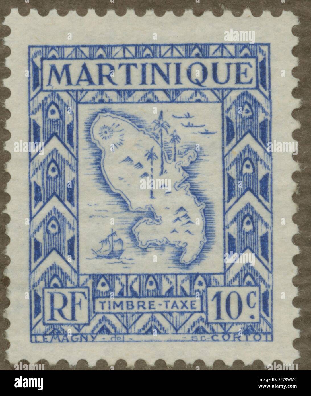 Timbre de l'Association des philatélistes de Gösta Bodman, commencé 1950.le timbre de Martinique, 1943. Carte de la Martinique. Banque D'Images