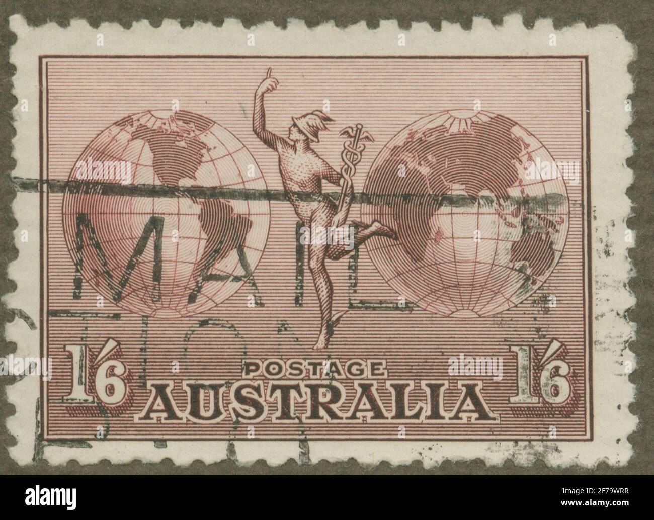 Timbre de l'Association des philatélistes de Gösta Bodman, commencé 1950.le timbre de l'Australie, 1934. Motions de globes et de Mercurius. « vol australien entre deux mondes. Luftpost'. Banque D'Images