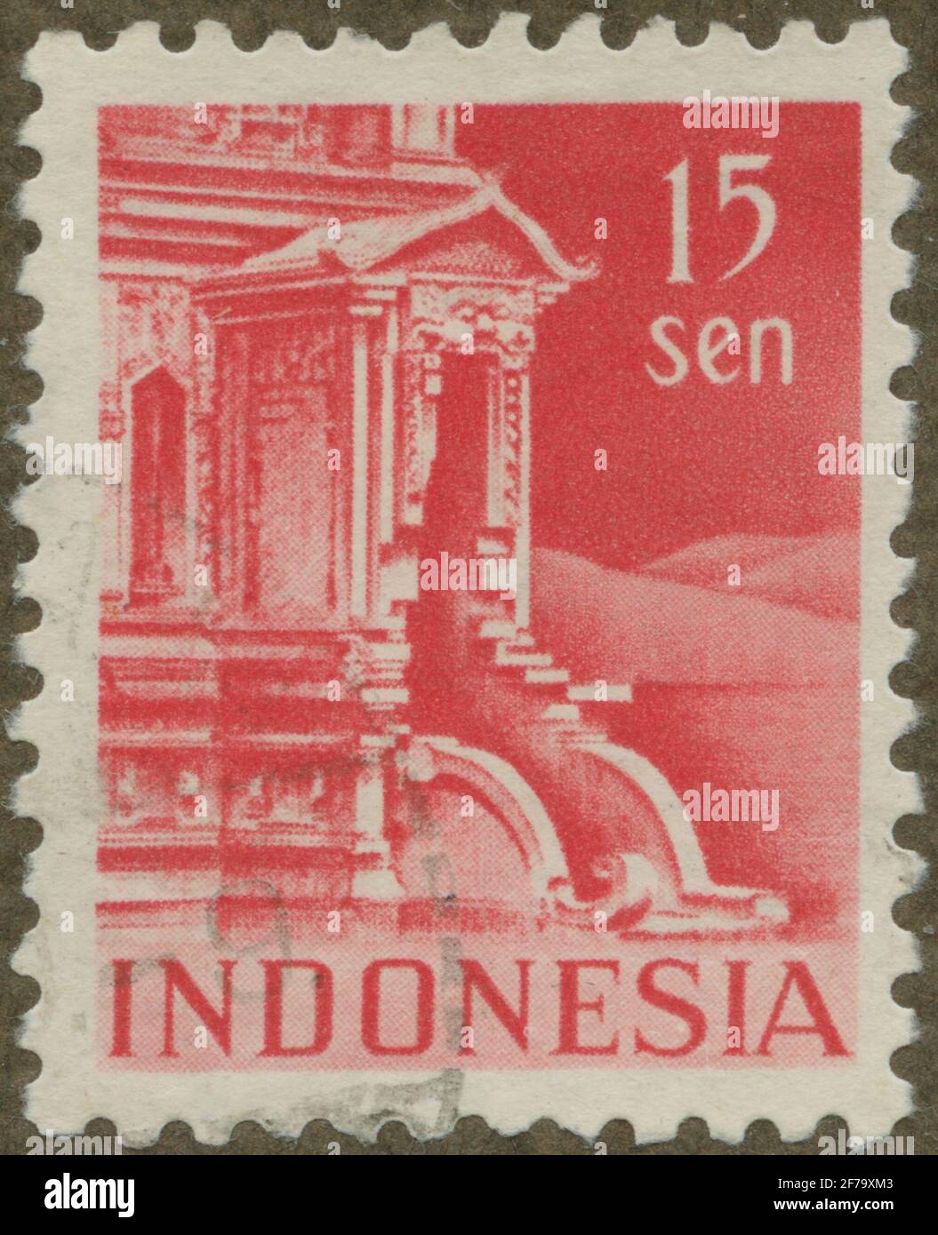 Timbre du poste de philatéliste de Gösta Bodman, commencé en 1950.le timbre de l'Indonésie, 1949. Motifs du bâtiment du temple. Banque D'Images