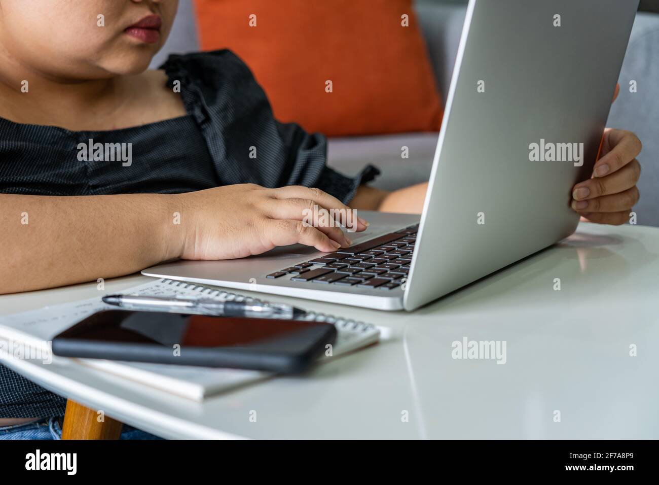 Une femme qui utilise un ordinateur portable tout en travaillant à la maison Banque D'Images
