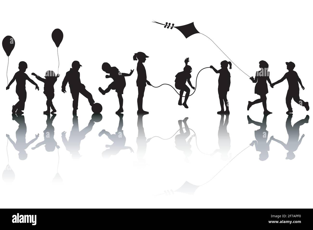 Silhouettes d'enfants jouant avec un cerf-volant et des ballons Illustration de Vecteur