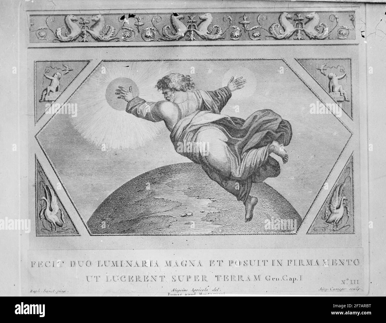 Image de Skipticone. Presse avec les motifs de l'histoire de la création le jour 4. Dieu a fait les deux grandes lumières, la plus grande lumière pour régner au cours de la journée et moins pour régner pendant la nuit, et il a fait les étoiles. Il a mis les lumières sur les cieux pour briller sur la terre, pour régner jour et nuit et pour distinguer la lumière des ténèbres. Et Dieu a vu que c'était bon. C'était le soir et le matin. Banque D'Images