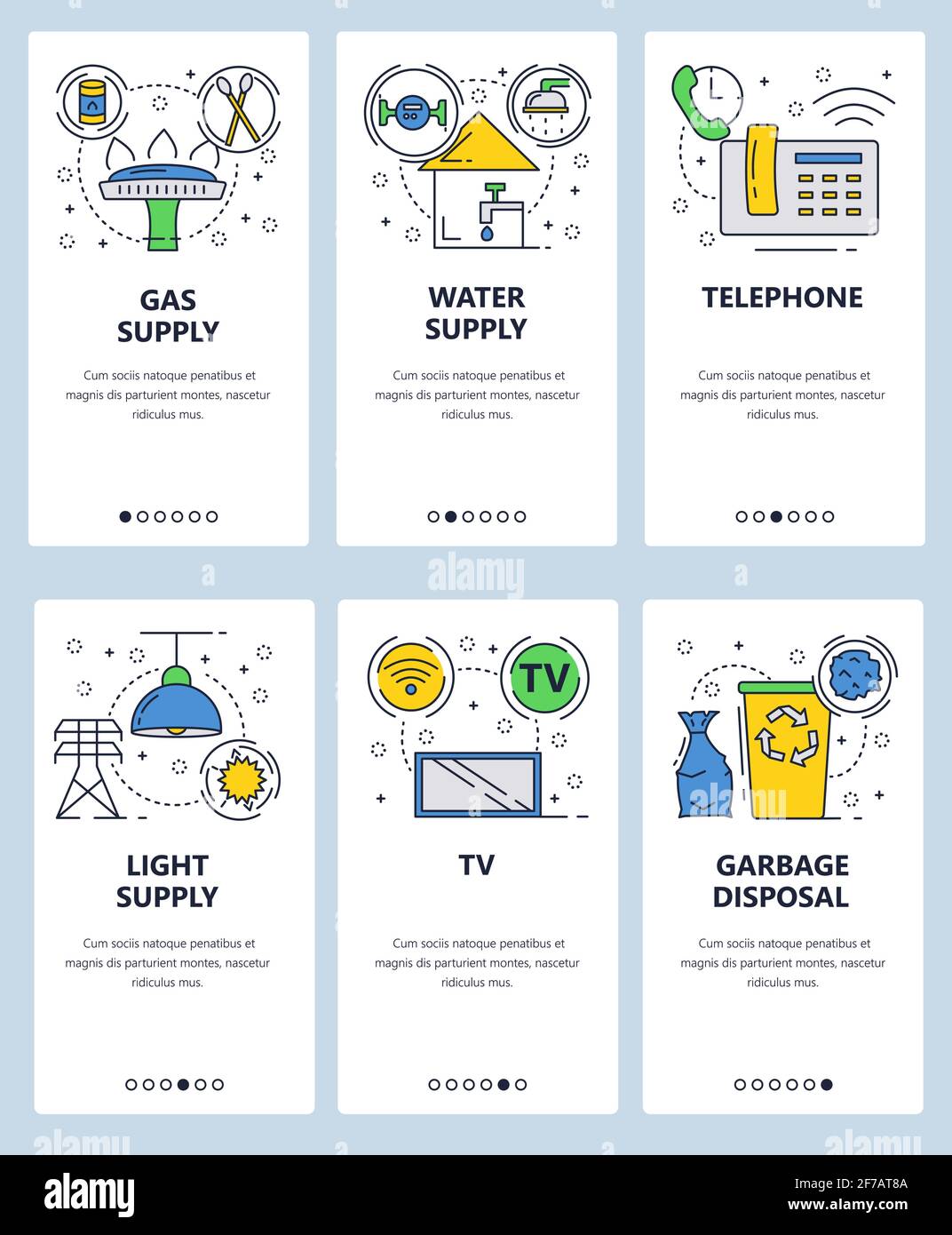 Modèle d'écrans d'intégration d'art linéaire de site Web Vector. Services publics et services de la maison. Gaz, eau et électricité. Bannières de menu pour le site Web et Illustration de Vecteur