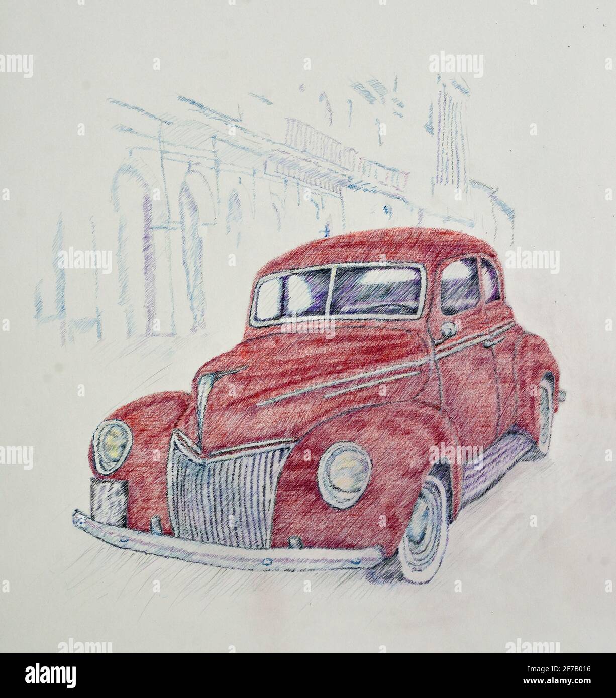Dessin de Ford Deluxe 1939 rouge classique. Banque D'Images