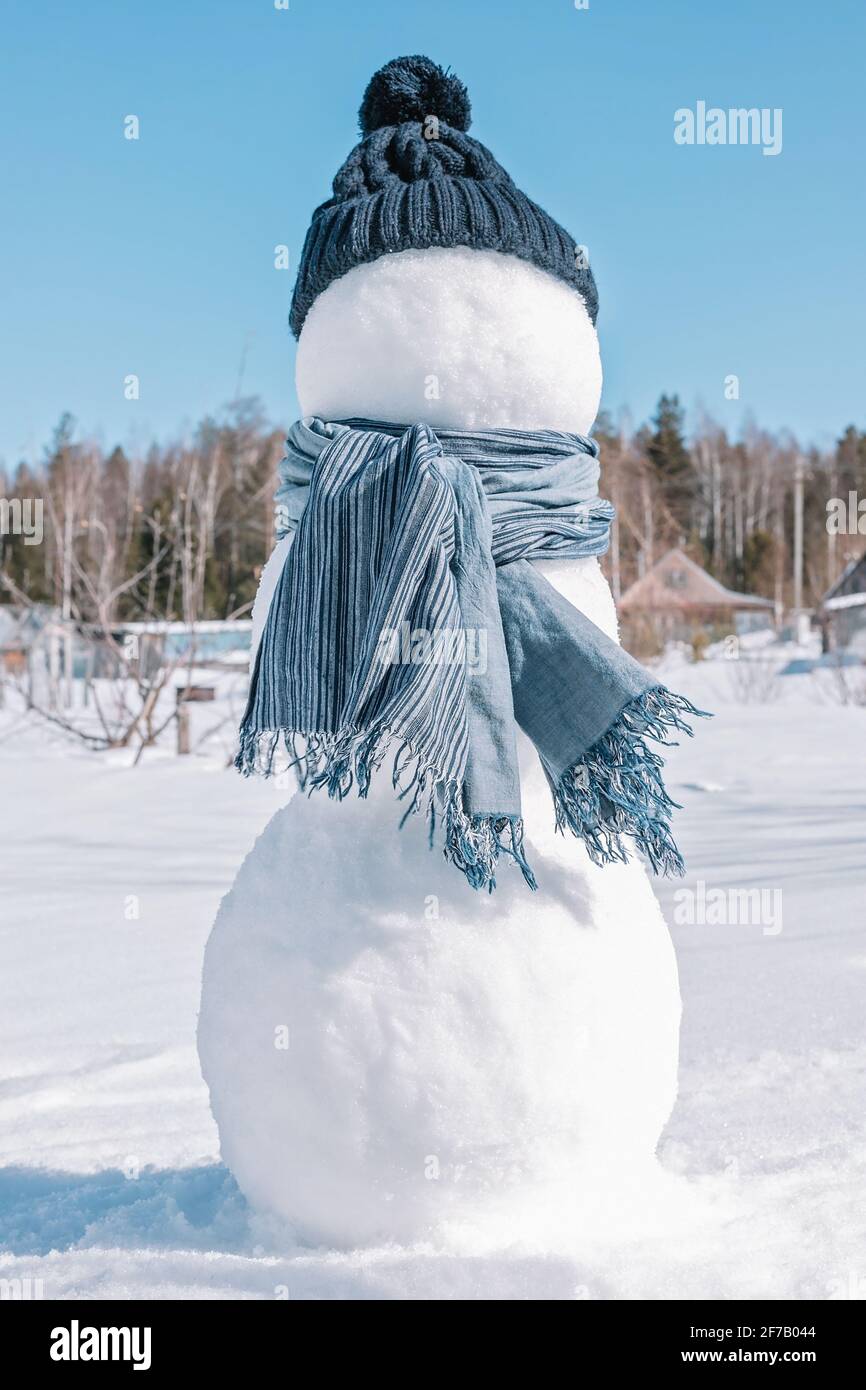 Un bonhomme de neige dans un chapeau bleu et un foulard est debout dans le champ. Un iceman sur un fond de forêt d'hiver. Jour ensoleillé, froid glacial, gros plan. Banque D'Images