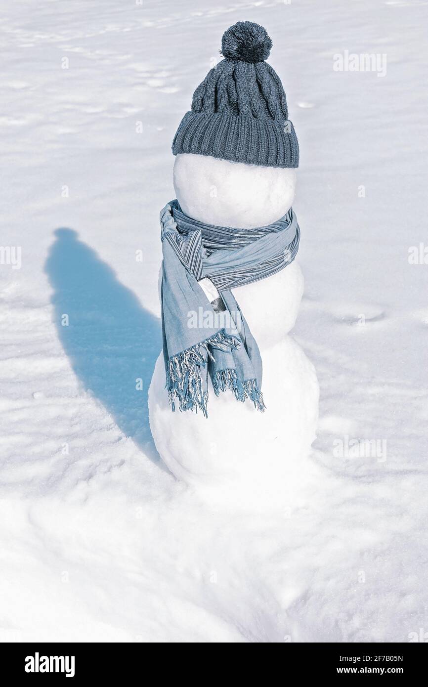 Un bonhomme de neige dans un chapeau et un foulard bleus est debout dans le champ blanc. Un iceman sur un arrière-plan léger et doué. Jour ensoleillé, froid glacial, gros plan. Banque D'Images
