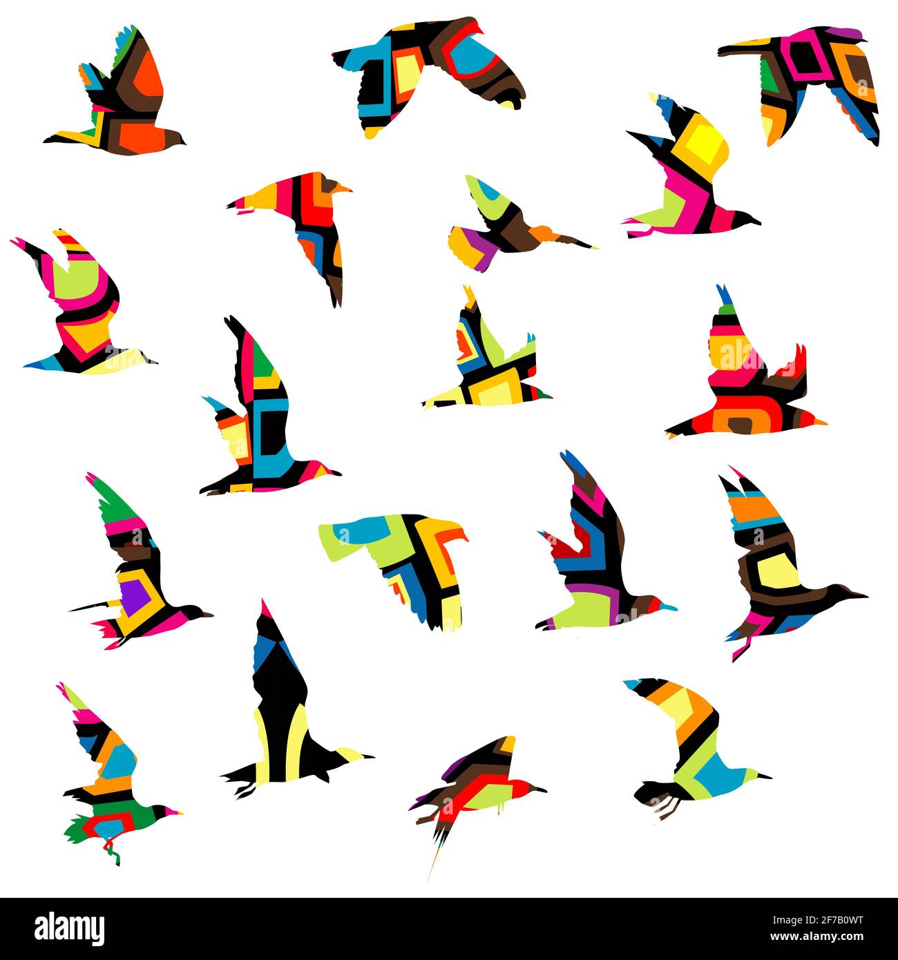 Silhouettes colorées d'oiseaux volant Illustration de Vecteur