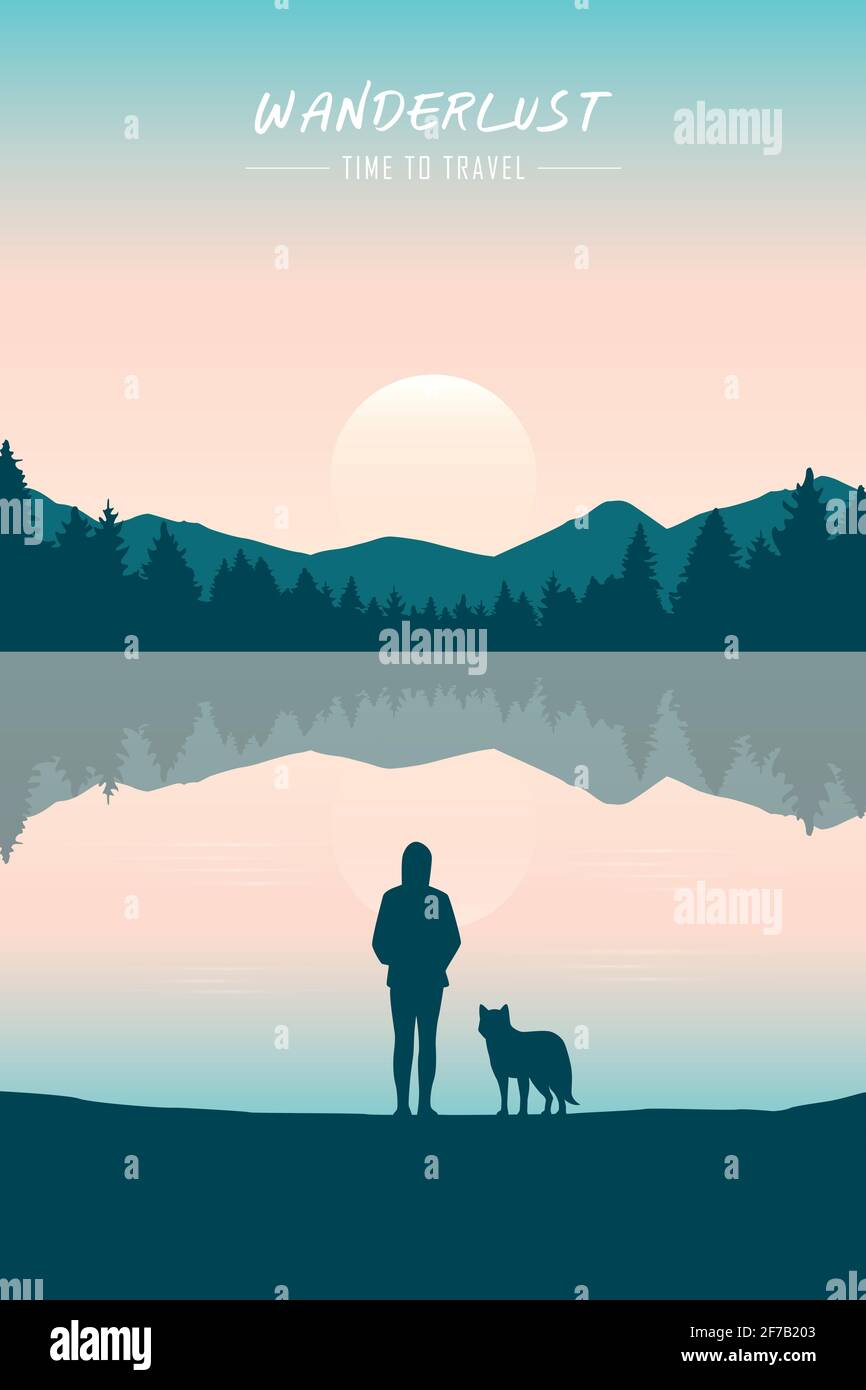la jeune fille et le chien de wanderlust au bord du lac dans la nature verte Illustration de Vecteur