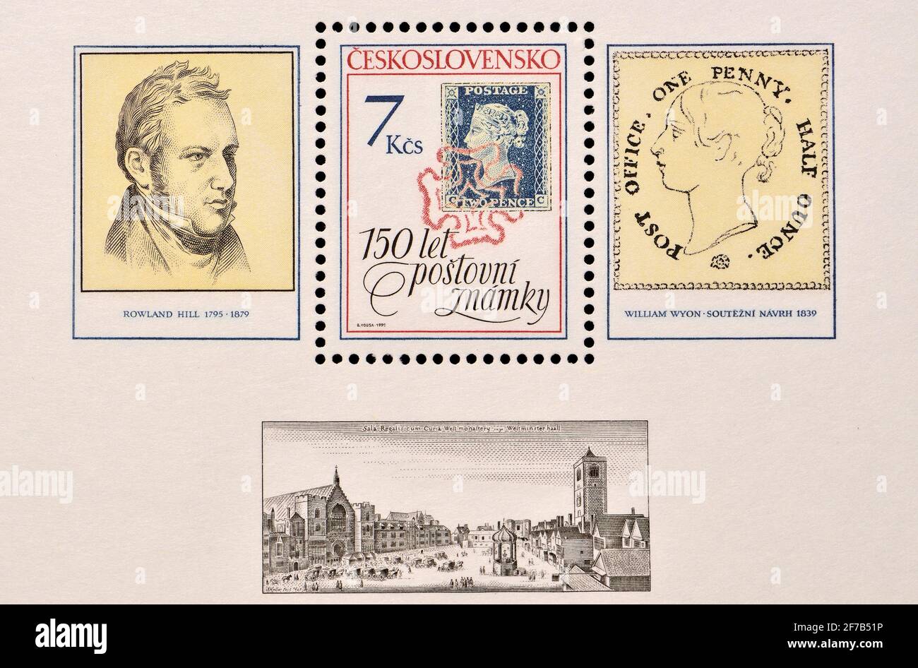 Mini-feuille de timbre-poste tchèque (1990) : 150 ans de timbre postal, avec Rowland Hill et le Penny Black Banque D'Images