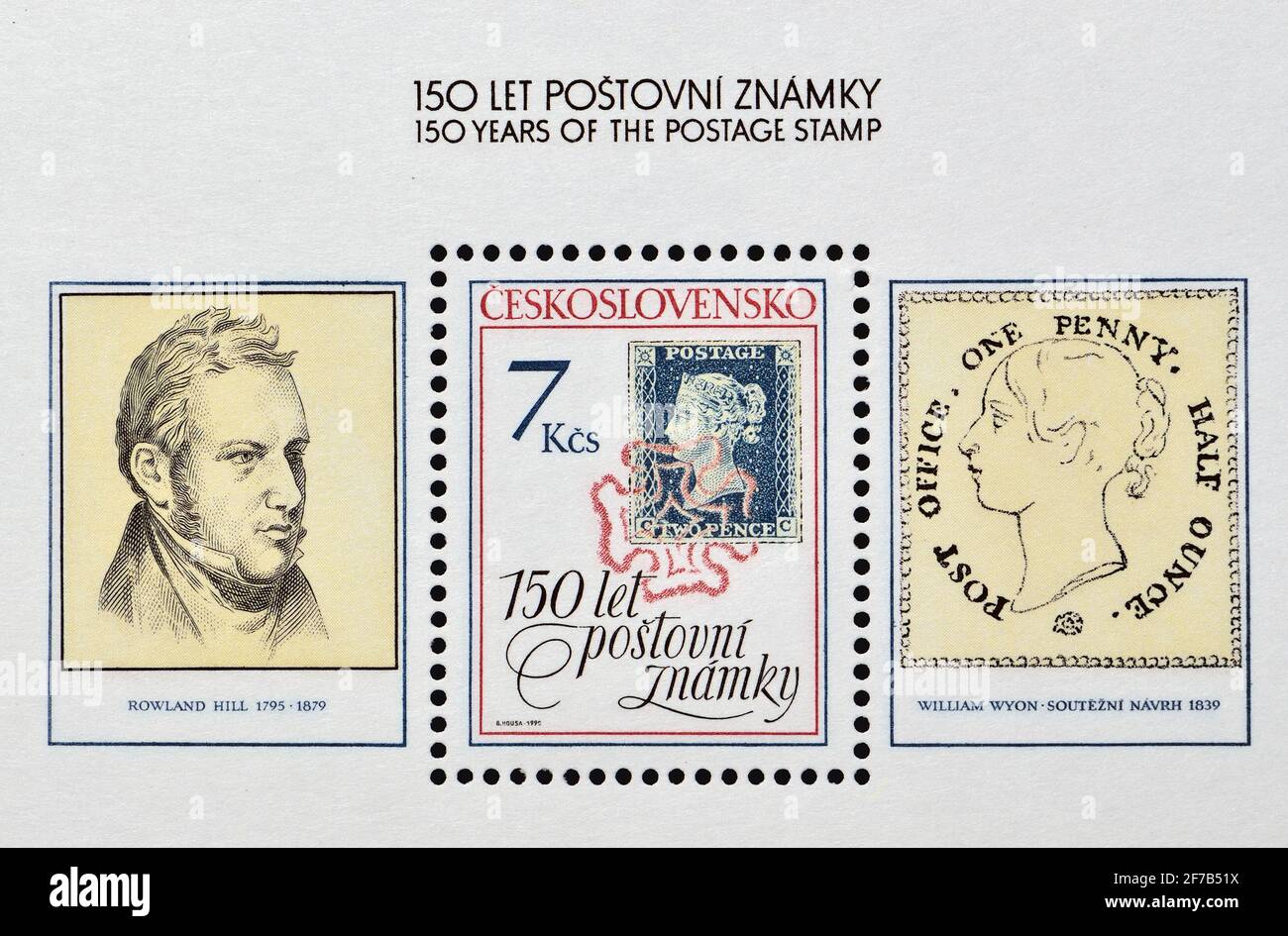Mini-feuille de timbre-poste tchèque (1990) : 150 ans de timbre postal Banque D'Images