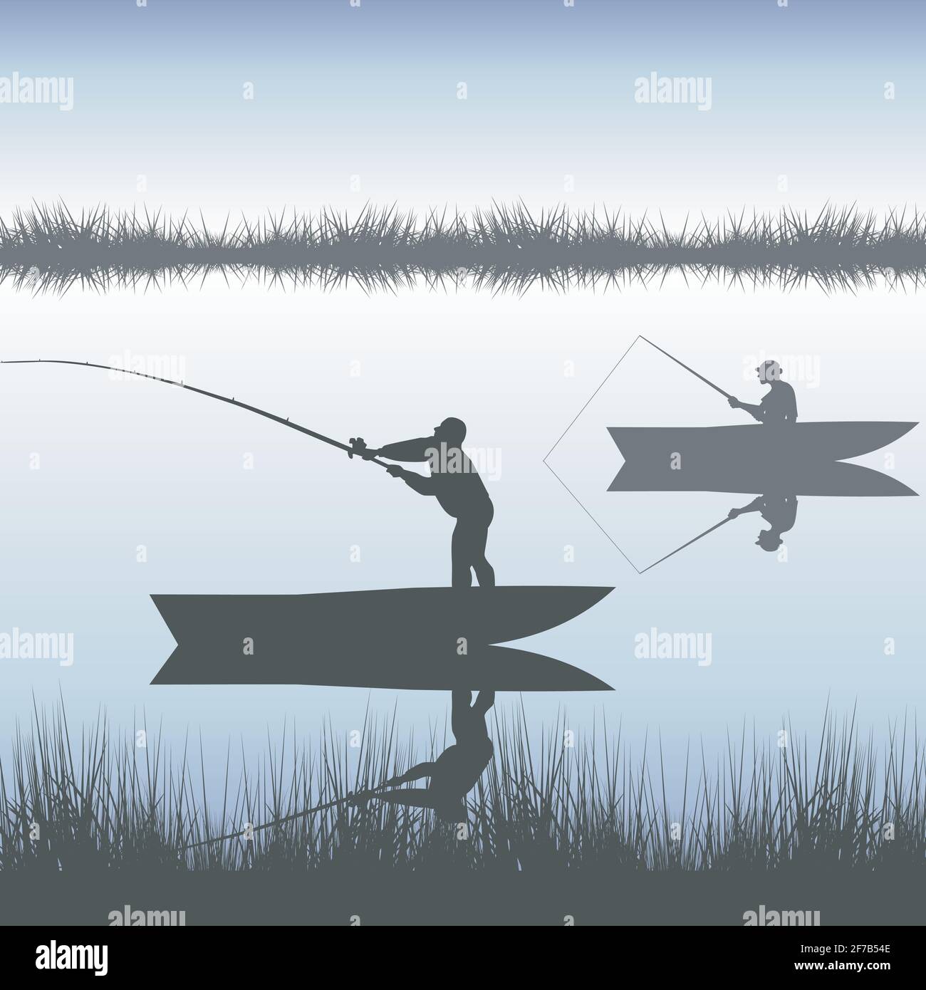 Silhouettes hommes pêche sur le lac de voile Illustration de Vecteur