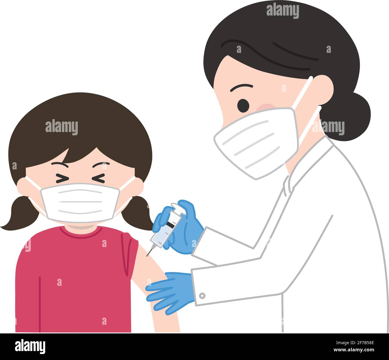 Une fille avec un masque médical ressent une légère pincée recevant une vaccination. Illustration vectorielle isolée sur fond blanc. Illustration de Vecteur