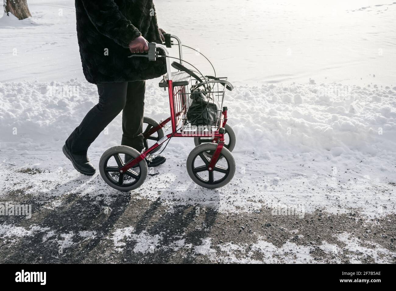 Senior avec cadre de marche ayant marcher l'hiver Banque D'Images