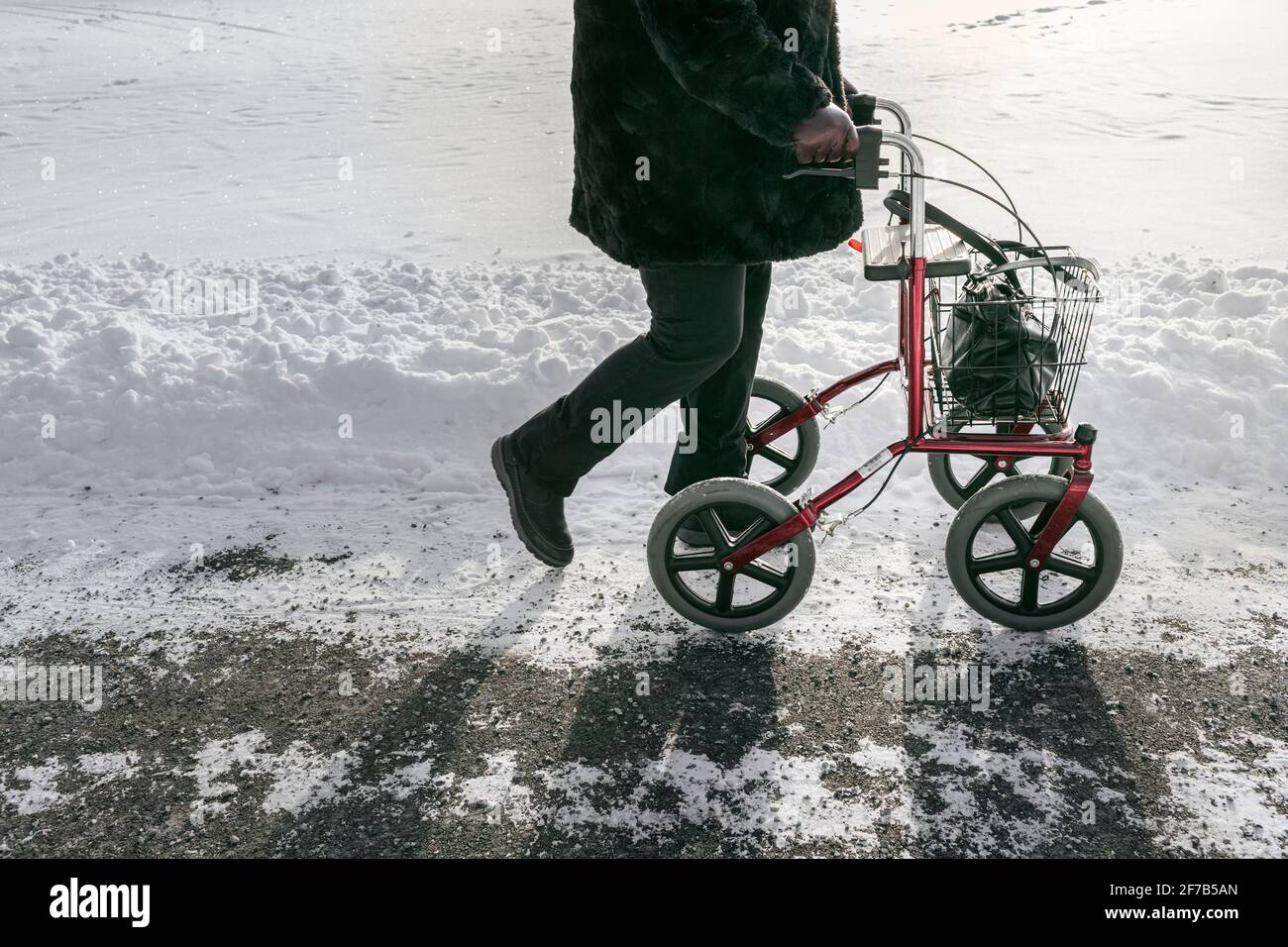 Senior avec cadre de marche ayant marcher l'hiver Banque D'Images