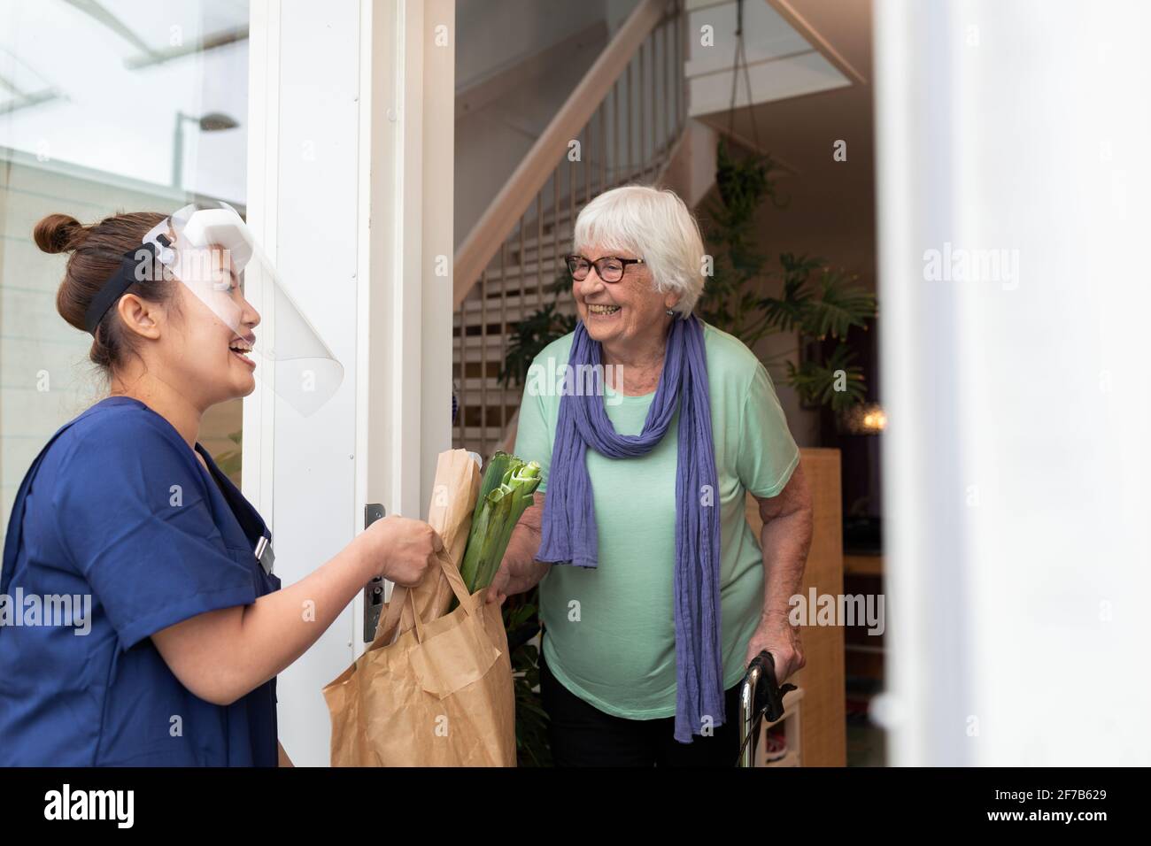 Accueil soignant apportant des courses de femme senior Banque D'Images